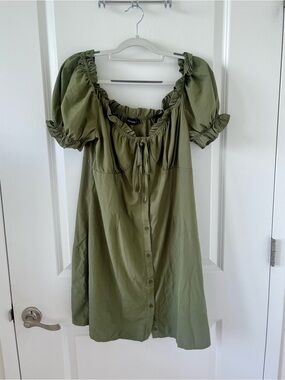 PrettyLittleThing Olive Off-Shoulder Button Mini Dress